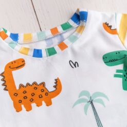 Completino neonato estivo, braghetta e maglietta a maniche corte con dinosauri e righe.